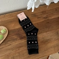 Retro Fair Isle Wadenstrümpfe in Schwarz mit rosa Herzmuster und geometrischen Wellenlinien - Einheitsgröße / Schwarz