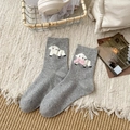 Gemütliche graue melierte Socken mit bestickten Schafen und rosa Schleifen für Frauen - Einheitsgröße / Hellgrau (Weiße Schaf Rosa Schleife)