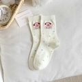 Beige mid-calf cotton socks featuring pink cartoon dog patterns and colorful polka dots - One Size / Headphone Cat (Off-White)