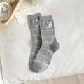 Grey cotton mid-tube socks with white stripes and blue cartoon cat embroidery - One Size / Striped Cat (Grey)
