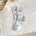 Light blue mid-tube socks featuring cute cartoon dog and apple patterns on soft cotton fabric - One Size / Apple Dog (Light Blue)