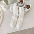 White cotton crew socks featuring delicate lace bows and ruffled trims in ballet style - White
