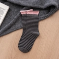 Classic grey and black striped crew socks with a pink rolled cuff for women - One Size / Dark Grey/Black Striped