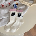 Calzini medi color crema stile giapponese con bordo rosa e ricamo di orsetto nero carino - Bianco Latte (Ricamo Orso)