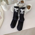 Black ballet style crew socks with white lace bow and pearl detail for women - Black