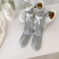 Gray mid-calf socks with sweet white lace bow and pearl detail for women - Light Gray