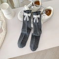 Dark grey ribbed crew socks featuring lace bows and pearls in a balletcore style - Dark Gray