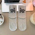 Funny grey cotton crew socks featuring 3D cartoon cat with a plush ball tail - Light Gray (Mock Seamless)