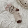 Calze beige mélange con motivo a cucciolo carino, polsini rosa e dettagli marroni a contrasto - Taglia unica / Stile Torta