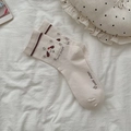 Calze bianche crema con ricamo a forma di cucciolo e striscia marrone scuro - Taglia unica / Stile Cucciolo Ciliegia
