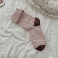Calze rosa a pois marroni con doppi bordi a volant in un grazioso stile giapponese - Taglia unica / Stile Volant a Pois