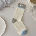 Halfhoge katoenen sokken in crème, grijs en blauw met egg-patch en knoopdetail - Eén maat / Melkwit (1 Paar)