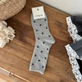 Light gray mid-calf socks with black cherry pattern and fine rolled edges - Light Grey Cherry