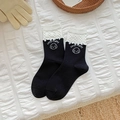 Japanese style black socks with white lace trim and cute lucky puppy embroidery - Black