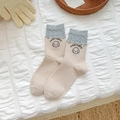 Beige cotton socks with cute puppy embroidery and grey ruffled cuffs for women - Khaki
