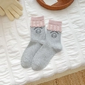 Women's grey mid-calf socks with pink lettuce trim and embroidered lucky puppy - Light Gray