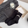 Calze nere stile coreano con fiocco a quadri e fibbia in metallo dorato lucido - Nero (Fiocco) 1 Paio