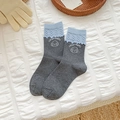Dark grey knit socks with sky blue ruffle edges and lucky puppy cartoon illustration - Dark Gray