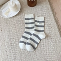Classic black and white striped cotton mid-calf socks with cute egg label decoration - Cream