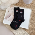 Calze medie in cotone nere con simpatico orsetto bianco e cuoricini rossi - Taglia unica / Orso Cuore Nero (Hello)