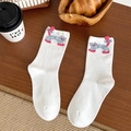 Cute white crew socks with 3D cartoon cat pattern for women made of premium combed cotton - White