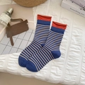 Classic blue and yellow striped crew socks with red rolled cuffs in retro Korean style - One Size / Blue Red Edge