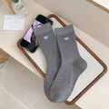 Mid-calf cotton knit socks in grey with small light blue heart embroidery detail - One Size / Medium Grey