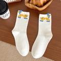 White crew socks with cute cartoon cat embroidery on high-quality combed cotton - Cream