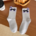 Light gray cotton socks with cute 3D cartoon cat pattern and purple tail detail - Light Gray