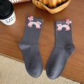 Dark gray crew socks with pink 3D cartoon cat design made of soft combed cotton - Dark Gray