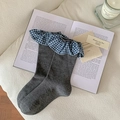Dark gray ribbed mid-calf socks with blue and white plaid ruffle trim detail - One Size / Dark Gray (Blue & White Checkered Ruffle)