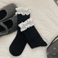 Chaussettes Lolita noires avec bordure en dentelle blanche et broderie cœur doux - Taille unique / Noir