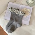 Grey knit lolita socks with light green plaid lace trim and small heart patterns - One Size / Medium Gray (Light Green Checkered Heart Ruffle)