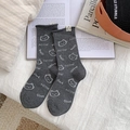 Dark gray cotton mid-calf socks featuring cute cat patterns and small fabric labels - One Size / Dark Gray