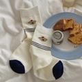Cute navy blue cartoon puppy striped crew socks in cream white cotton with color blocking - Striped Dog