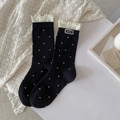 Calze nere a pois in cotone con volant bianchi e decorazione patch con lettere MEK - Taglia unica / Nero