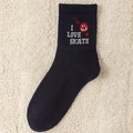 Navy blue crew socks with I LOVE SKATE text and red smiley face embroidery - One Size / Blue