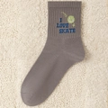 Grey crew sock featuring blue I LOVE SKATE text and a green embroidered smiley face - One Size / Dark Gray