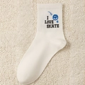 White crew socks with I LOVE SKATE embroidery and blue smiley face pattern for men - One Size / White