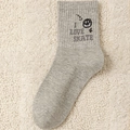Gray crew socks with I LOVE SKATE text and smiley face pattern in street style - One Size / Light Gray