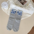 Funny grey mid-calf socks with blue spotted dog and 3D white pom-pom tail detail - 3D Dog Decoration / Light Gray