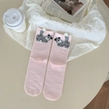 Pink mid-calf cotton socks with cute cartoon bear pattern on flat lay background - 3D Bear Decoration / Pink
