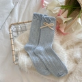 Sweet light blue knit socks with hollow twist pattern, frilled edges, and cute bows - Twist Pattern Blue