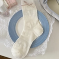 Cremeweiße Socken mit rosa Schleife und Maschenmuster im süßen Ballett-Stil - Einheitsgröße / Weiß Doppel Schleife