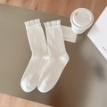 White ruffle cuff crew socks with vertical ribbed texture in minimalist style - One Size / White