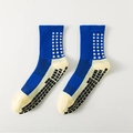 Blue and white anti-slip soccer socks with black silicone grip pads on the bottom - One Size / Dark Blue