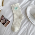 Creamy white crew socks with light blue bow detail and elegant lace trim edges - Lattice Pattern Milk White