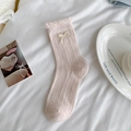 Pink knit mid-calf socks with sweet bow detail and delicate ruffled edges for girls - Lattice Pattern Pink