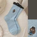 Calze in cotone blu con simpatico ricamo a forma di cane e bordi grigi a volant - Taglia unica / Blu 1 Paio