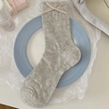 Sweet light grey cotton mid-calf socks featuring a pink polka dot bow and ballet core style - One Size / Gray Double Bow